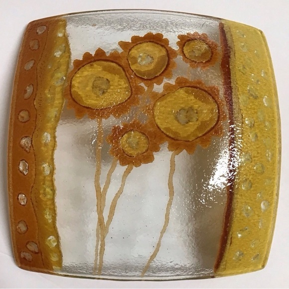 ETERNO Fused Art Glass Trinket Tray Dish Studio Handmade MCM Mod Sunflowers Gold - Picture 3 of 12